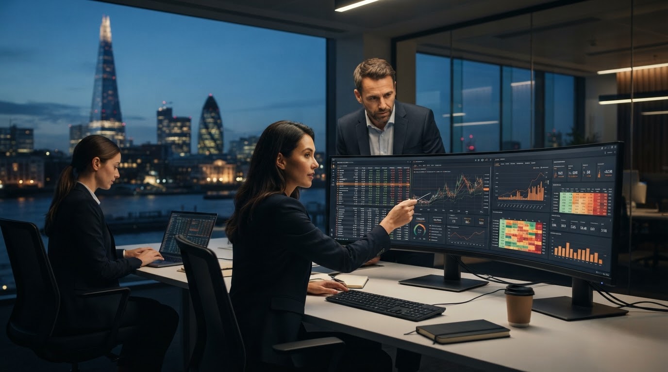 ENEOS AI strategy dashboard displayed across a trading workstation